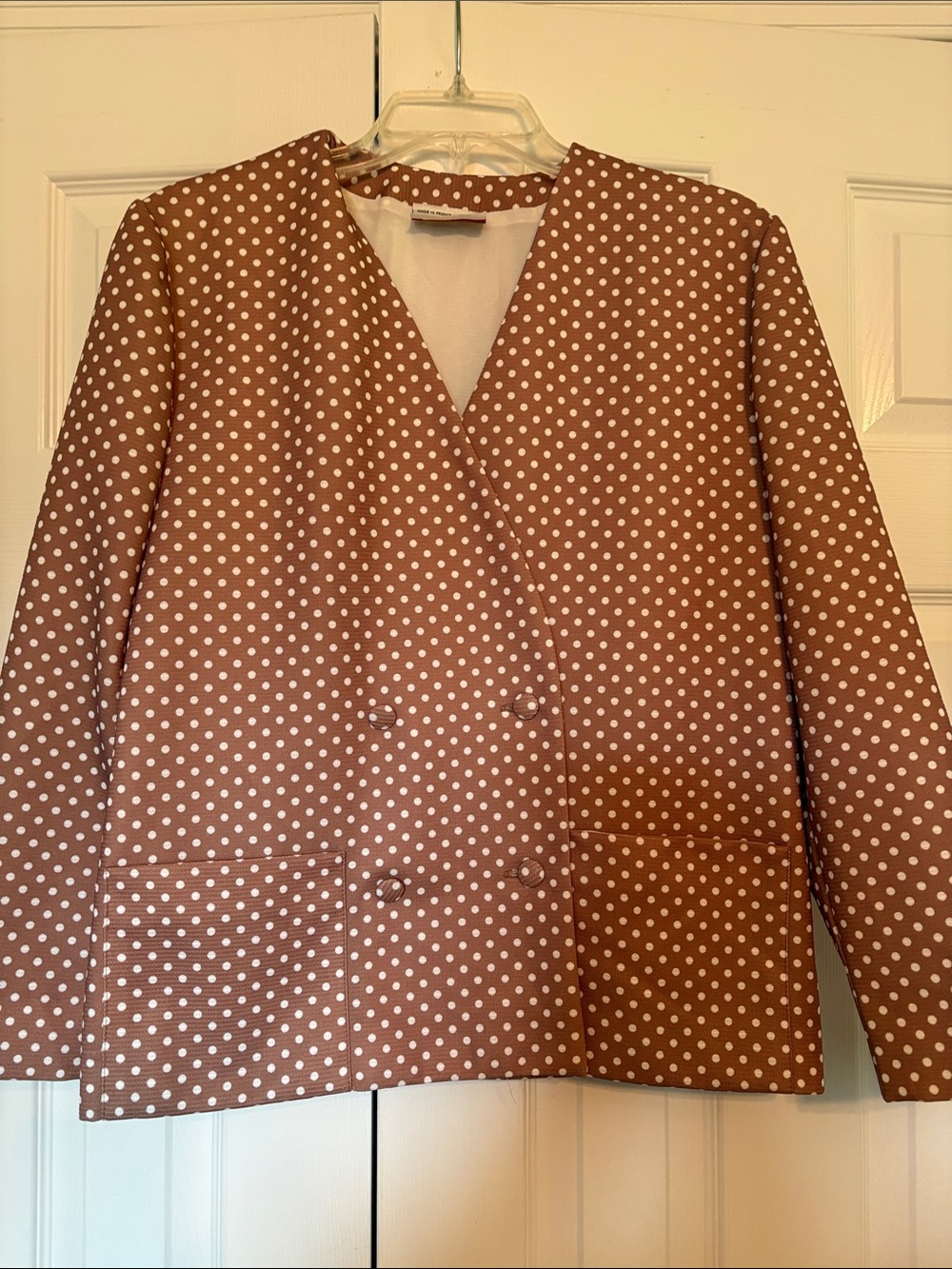 Vintage Polka Dot Double-Breasted Women's Blazer Jacket - Brown/White